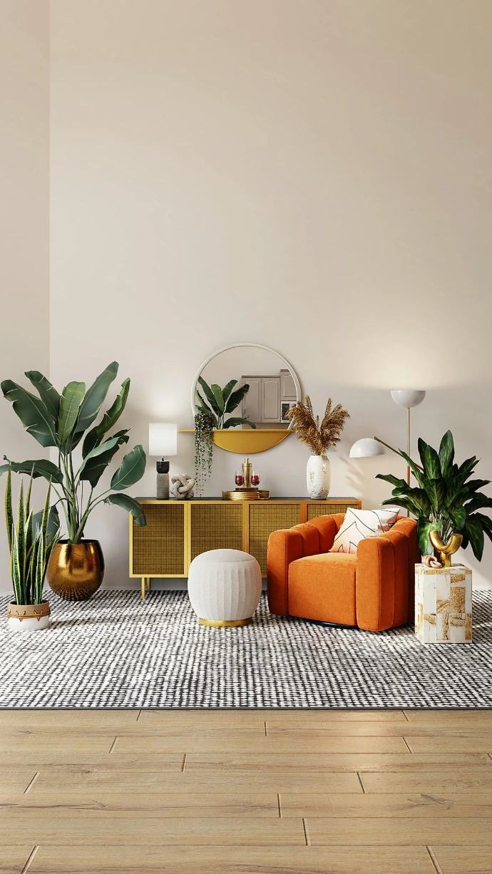 interior room with vanity mirror, armchair and plants