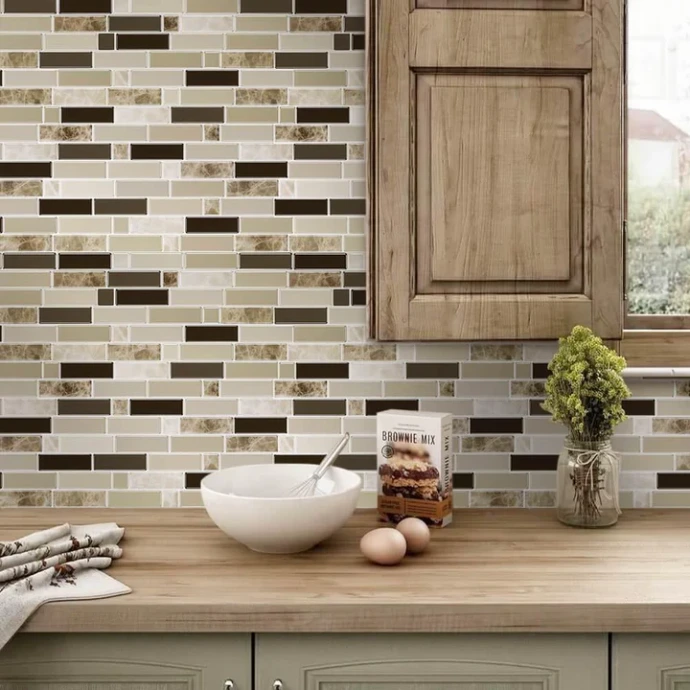 Light Brown Mosaic Backsplash Tiles in Kitchen