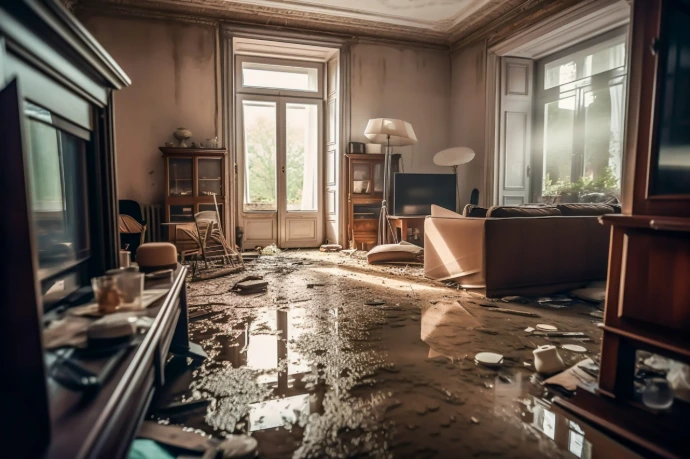 living room after flood damage