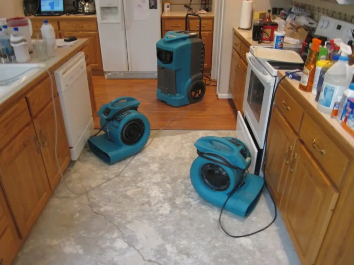 water damage restoration equipments in kitchen