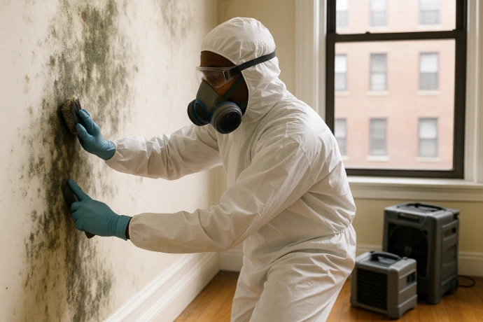 worker cleaning moldy wall