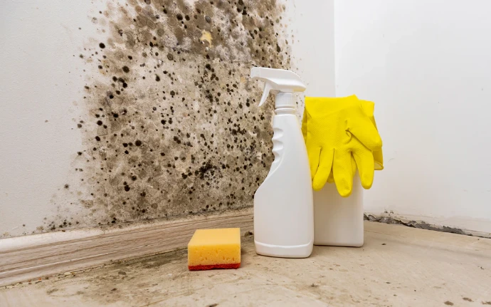 moldy wall and eco friendly mold removal product with gloves and sponge