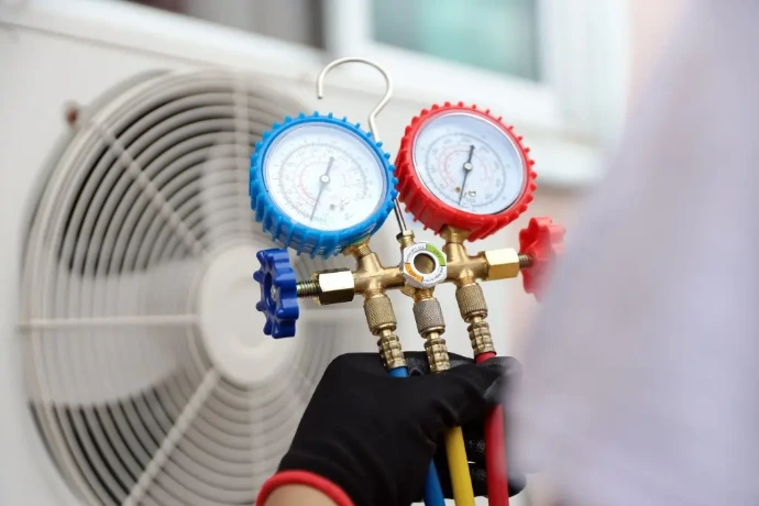 HVAC technician using a manifold gauge set