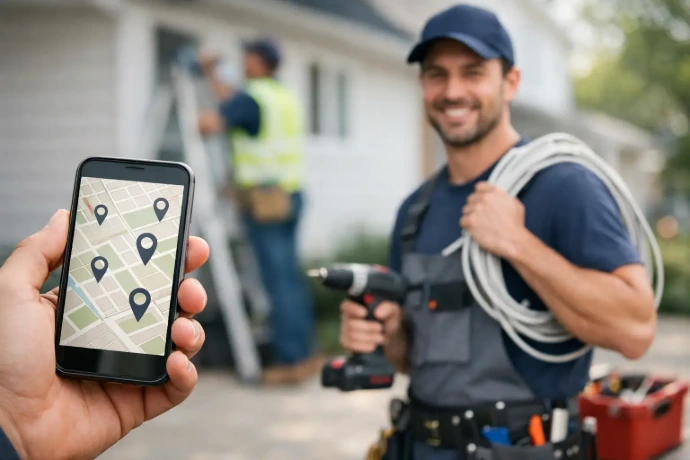 Handyman property service crew with tools and location map