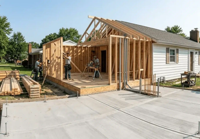 workers building home extension foundations