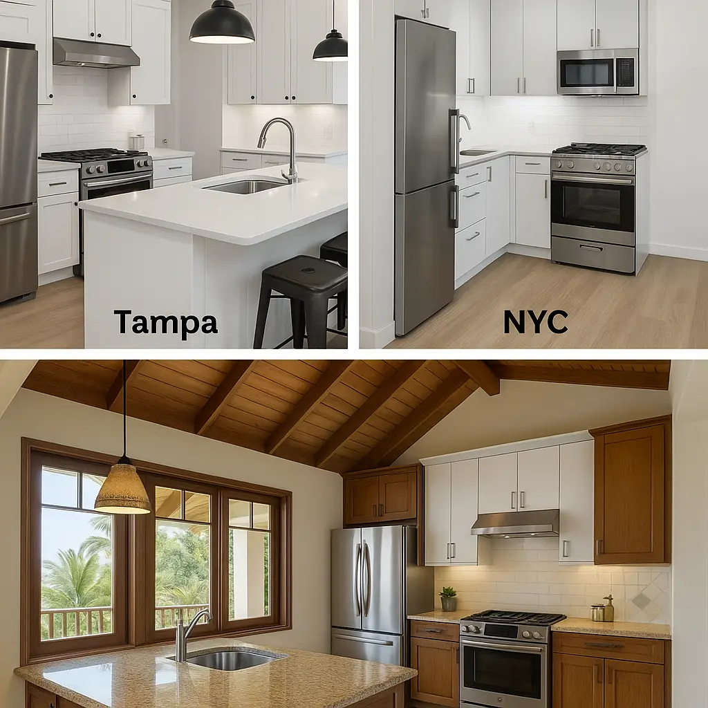 Kitchen renovations across Tampa Bay, NYC, and Jamaica villas.