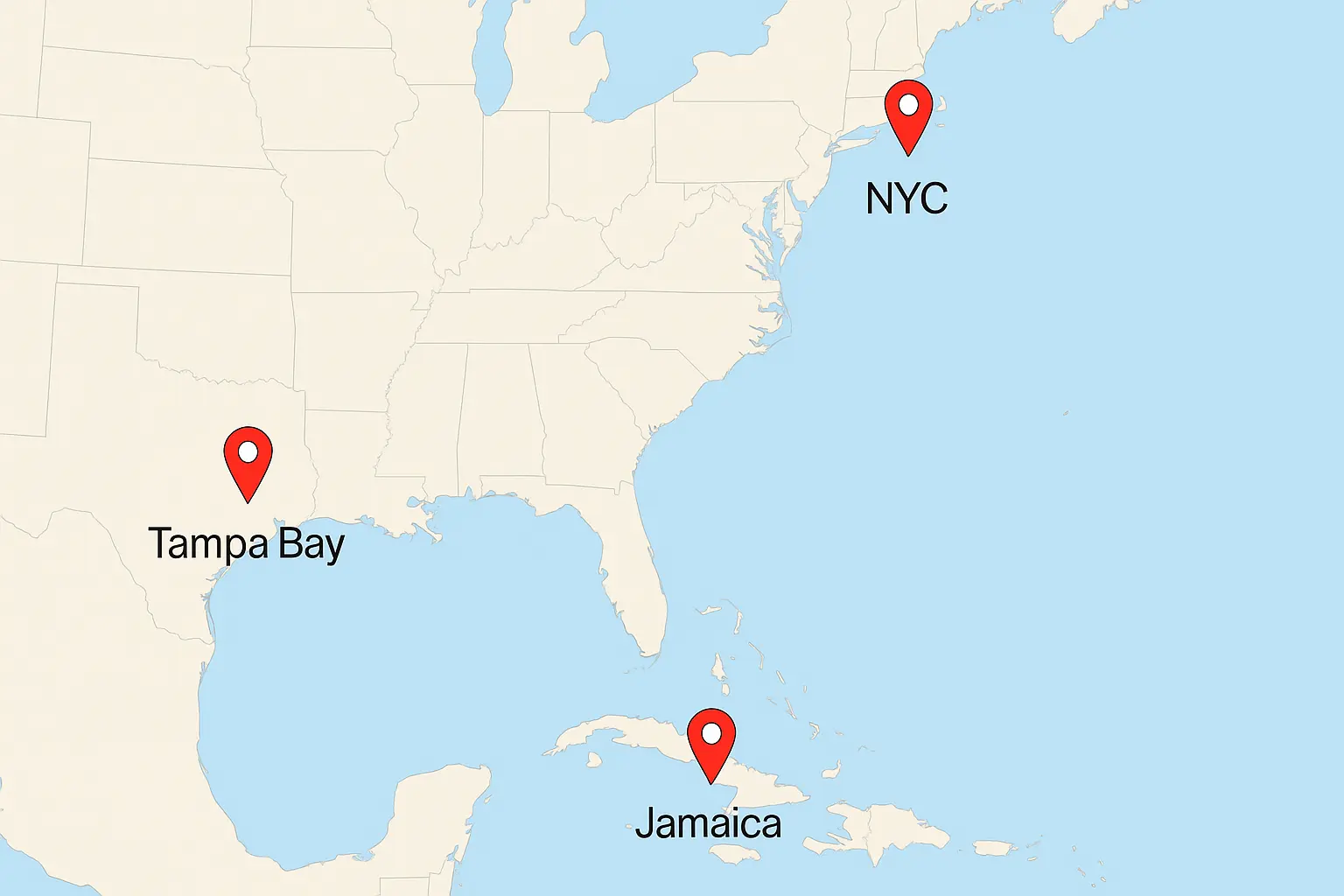 BookACrewe service coverage: Tampa Bay, NYC, and Jamaica W.I.