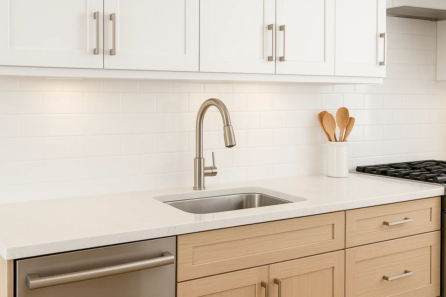 New quartz countertop and tile backsplash in Tampa kitchen remodel.