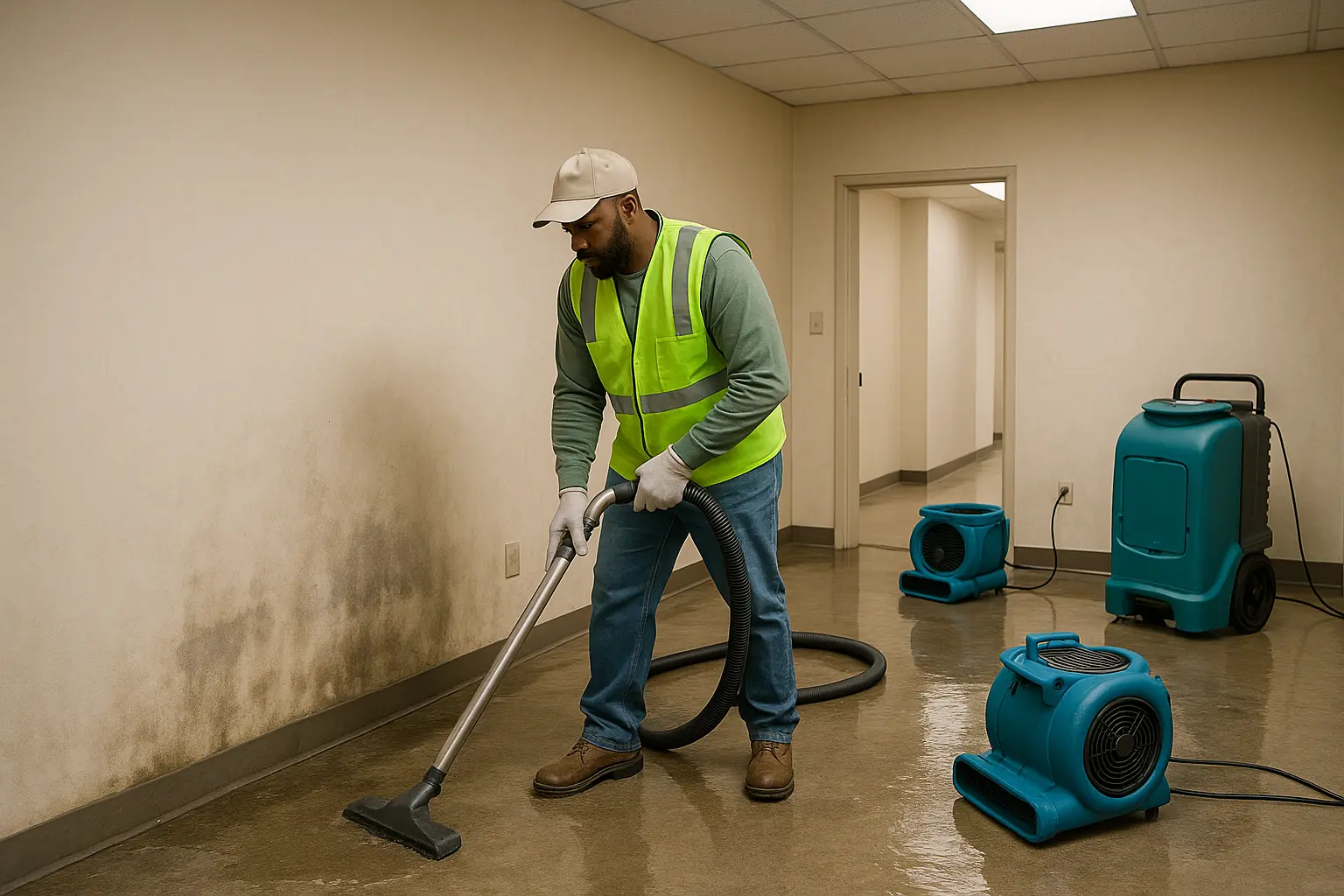 A contractor removing water from a flooded interior using extraction equipment beside drying fans and dehumidifiers.