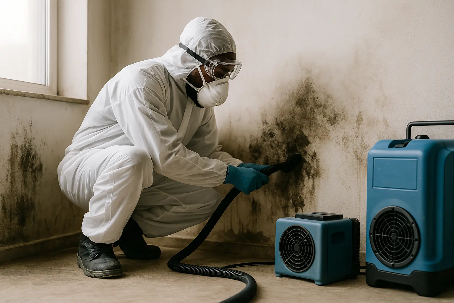 A contractor in protective gear removing mold from an interior wall using specialized cleaning tools.