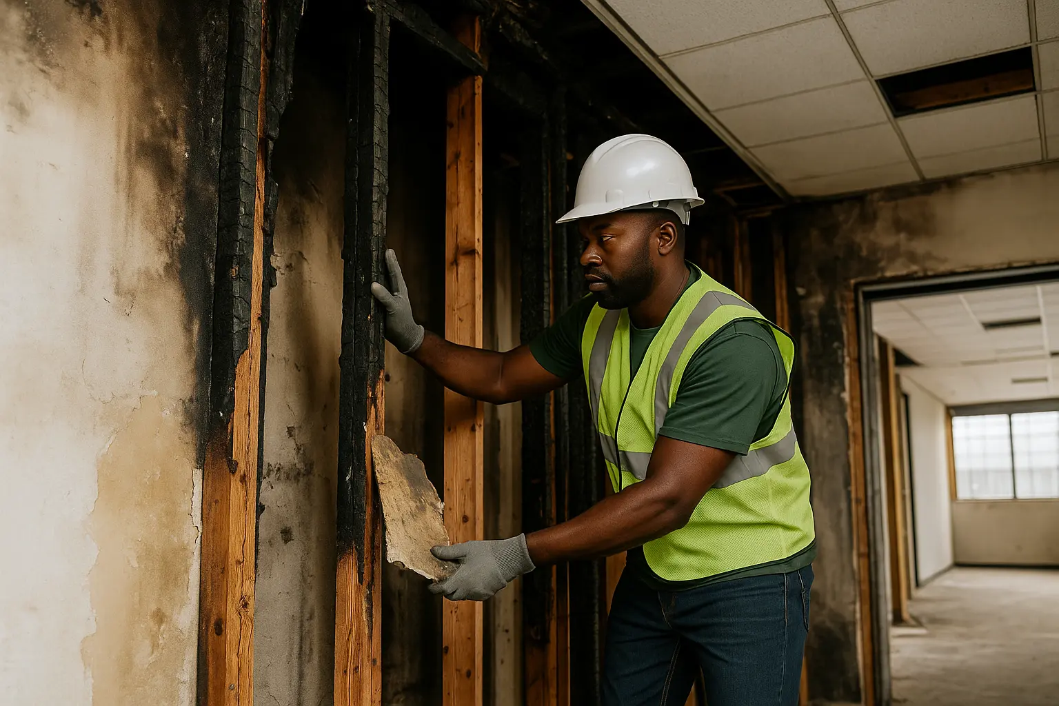 A contractor replacing burnt drywall and repairing charred framing inside a fire-damaged commercial building.