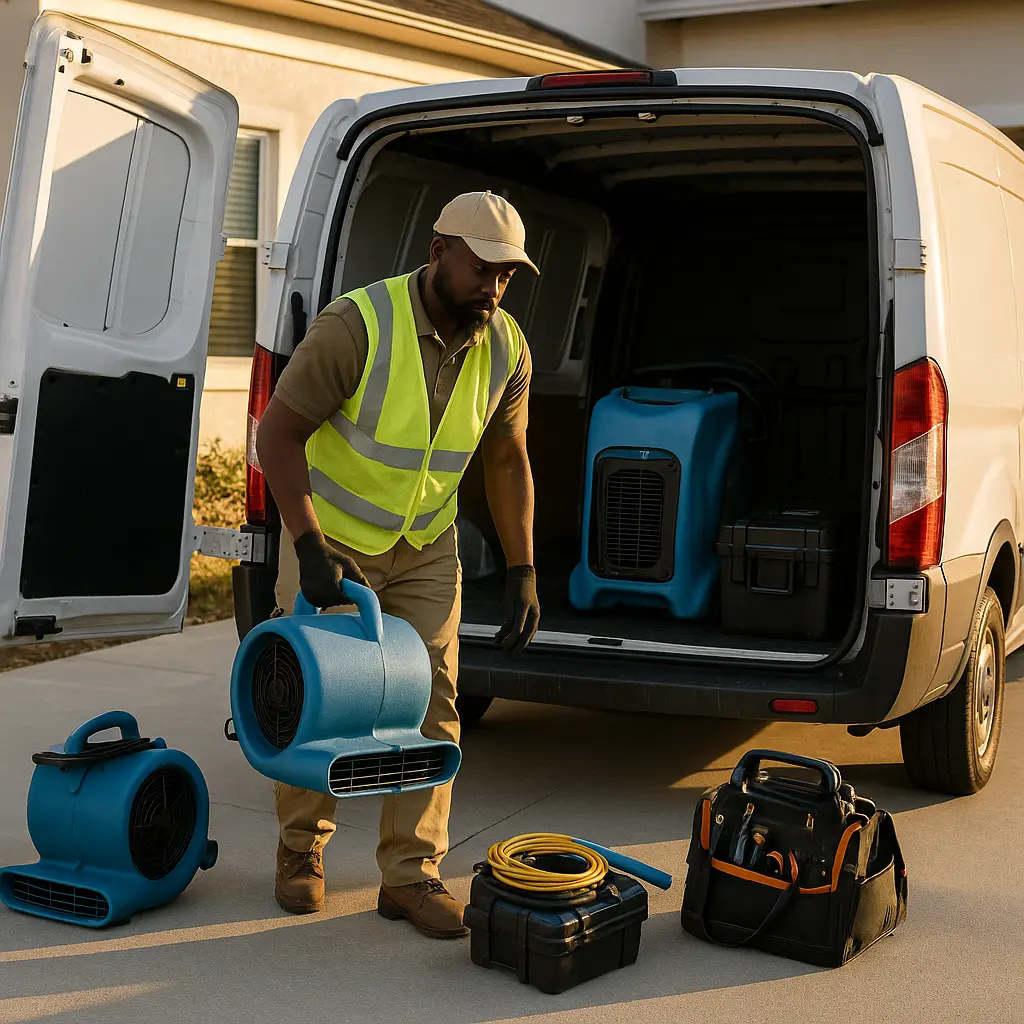 A contractor arriving at a property with restoration equipment, ready to begin emergency repair work.