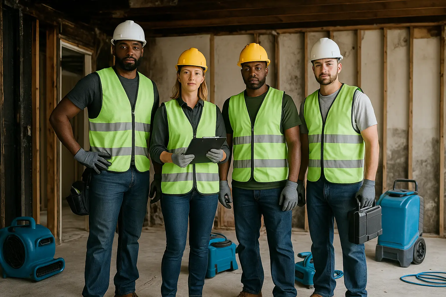A group of professional contractors standing together at a job site with tools and restoration equipment.