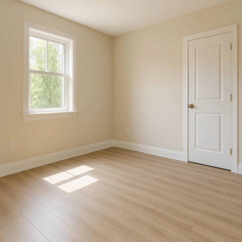 Full Property Rebuild After Fire Damage A fully restored, newly rebuilt interior space after fire damage cleanup and repairs.