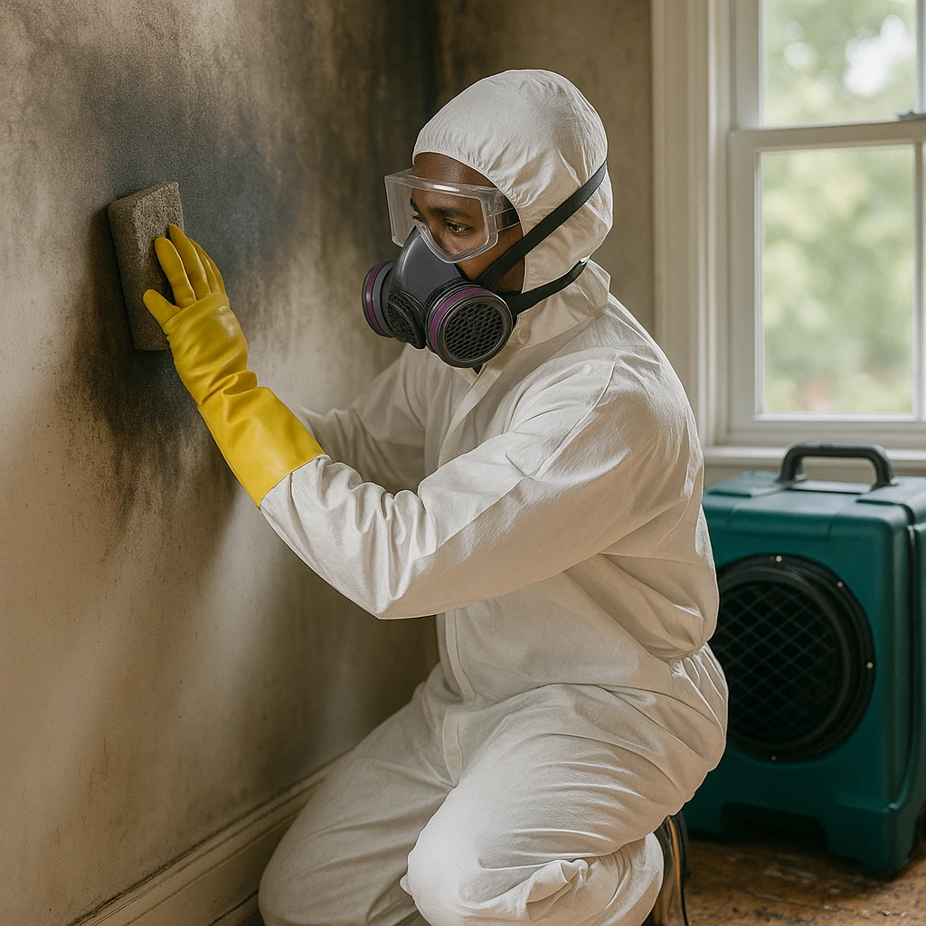 Smoke & Soot Removal A restoration worker using a HEPA vacuum to remove soot from a smoke-damaged wall.