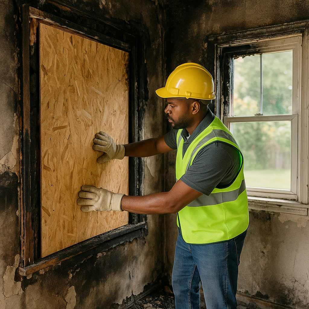 Emergency Board-Up & Property Protection A realistic image of a contractor securing a plywood board over a broken, fire-damaged window. Visible scorch marks around the frame, debris on the floor, and contractor wearing standard PPE. No branding or text.