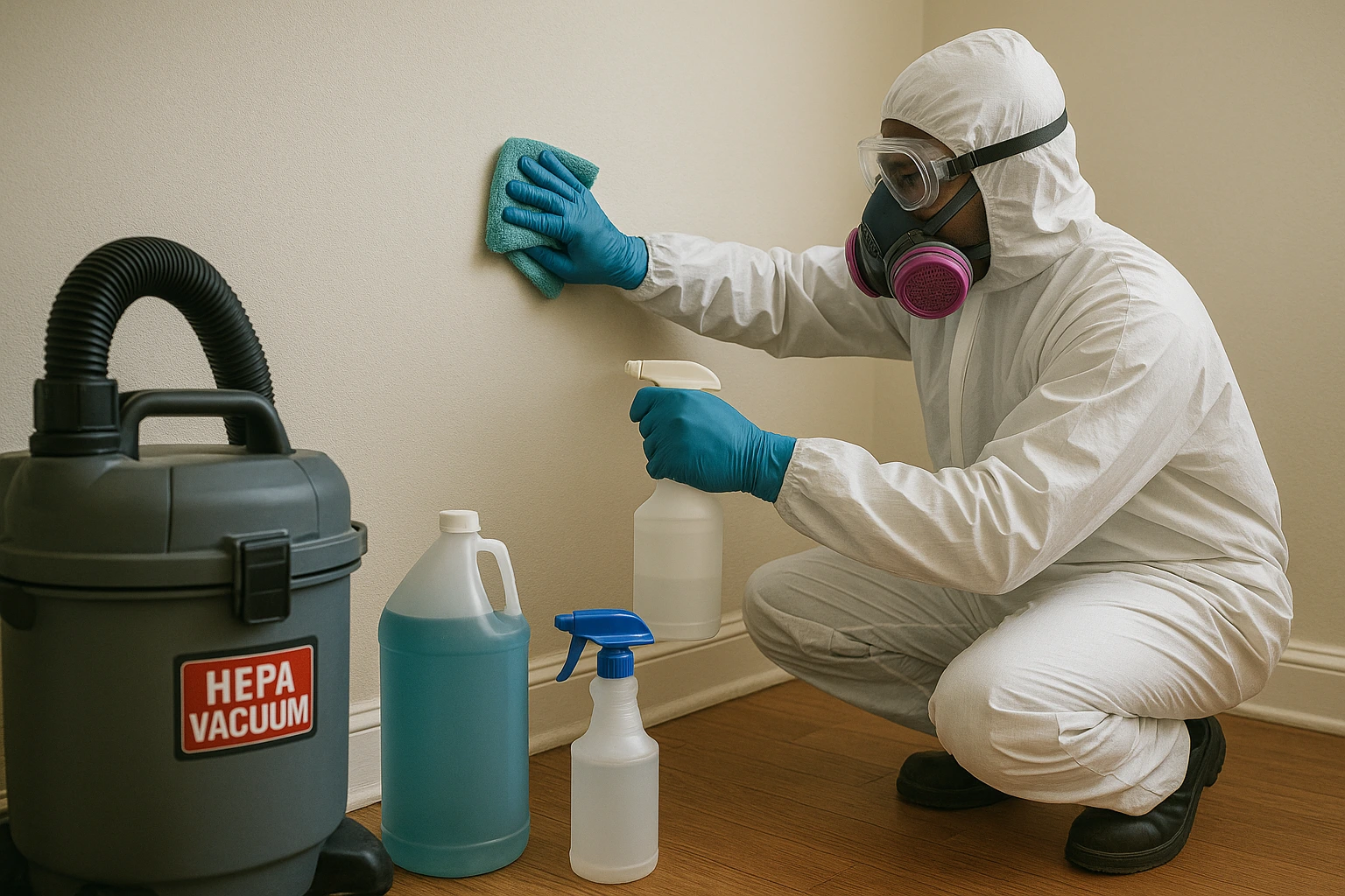 A technician wiping down a treated surface with antimicrobial solution after mold removal.