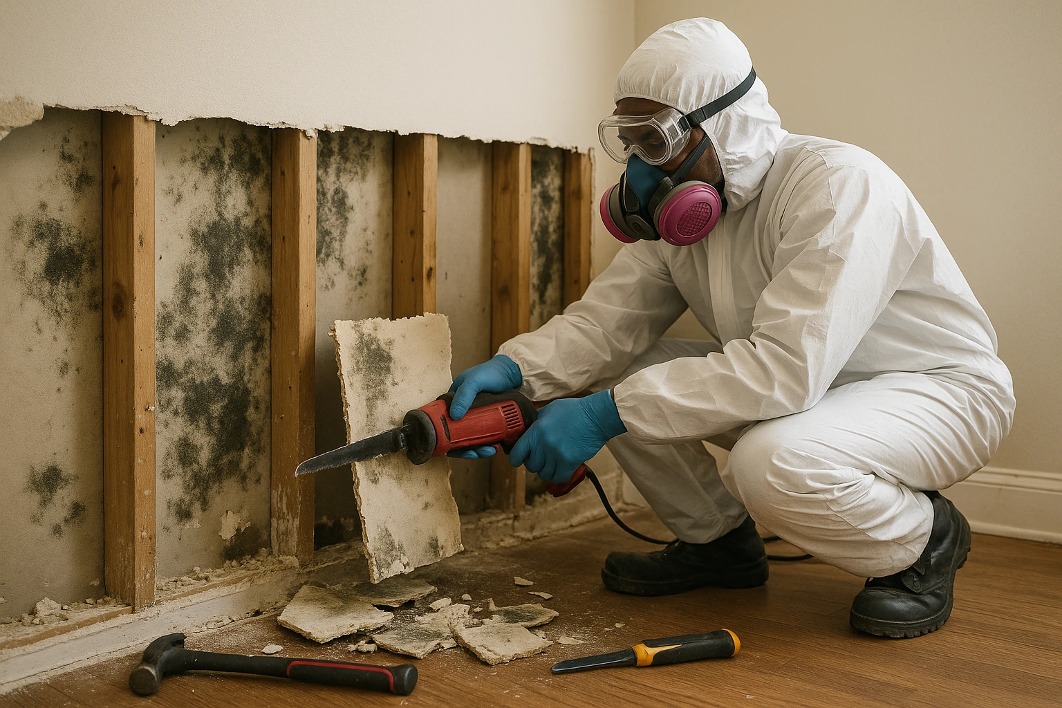 A mold remediation technician removing contaminated drywall while wearing full PPE.