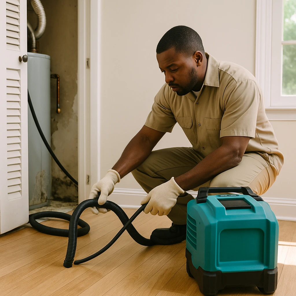A contractor repairing a leak source or installing a dehumidifier to prevent mold growth.