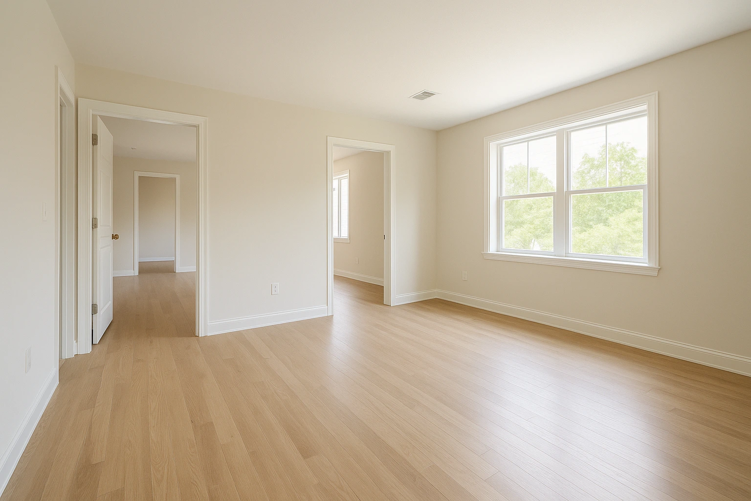 A newly restored room with new drywall, clean flooring, and fresh paint after mold remediation.